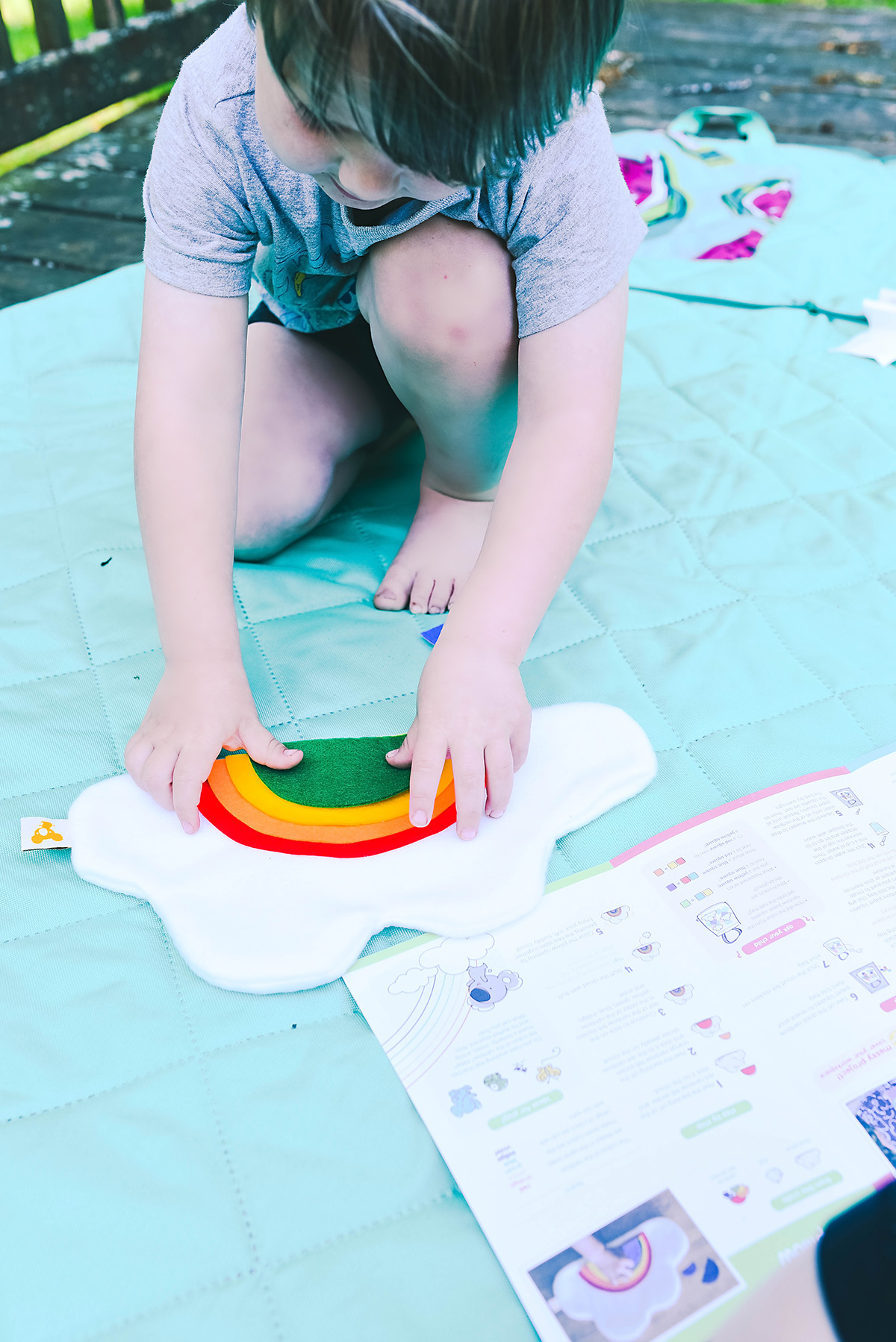 making rainbow pillow Sarah Halstead